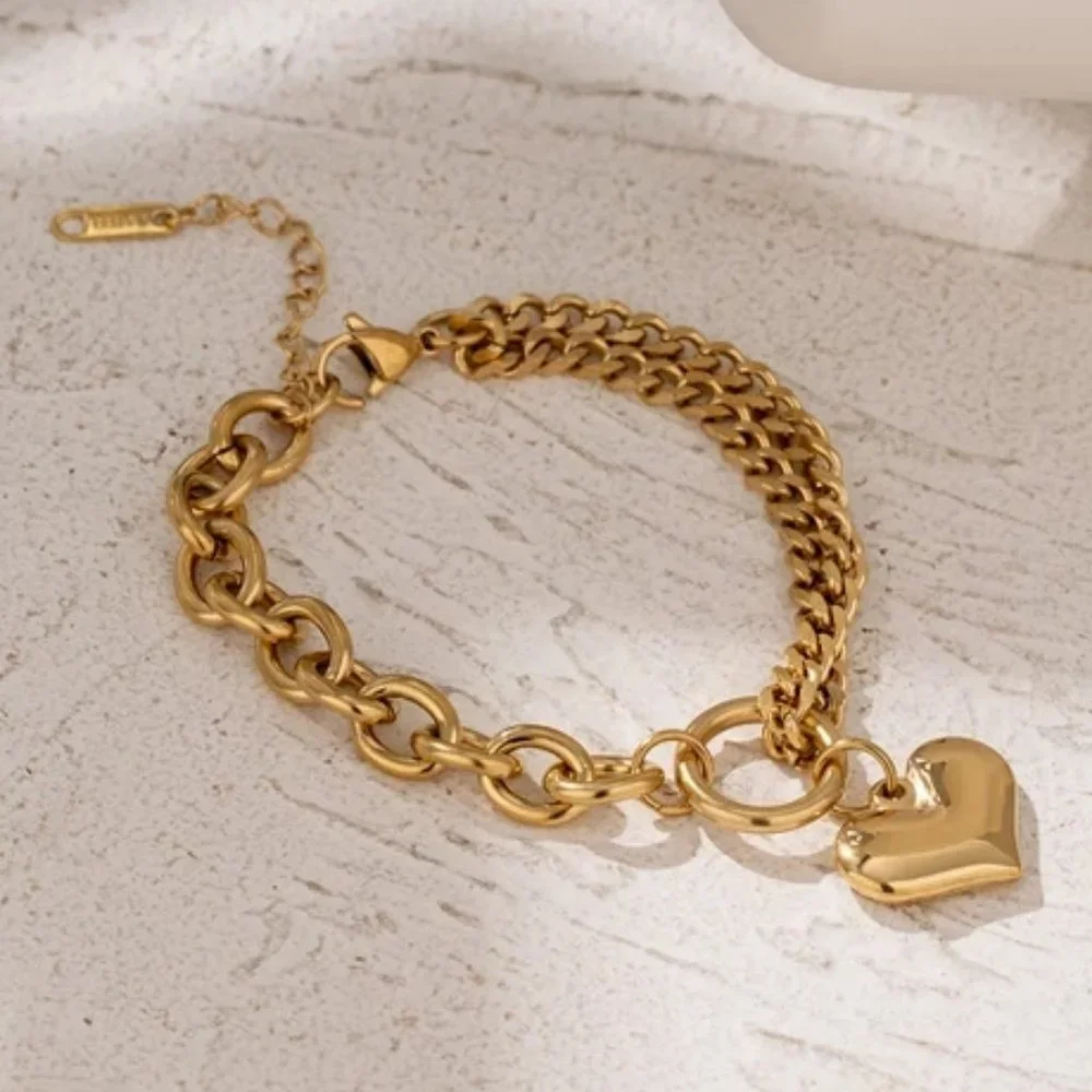 ^NEW 18K Gold Plated Chunky Link Chain Heart Circle Bracelet